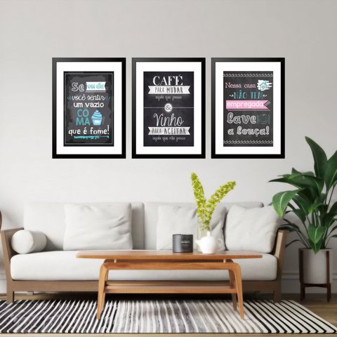 Kit 3 Quadros Grandes Cozinha Quadro Negro 60x48cm:moldura Branca