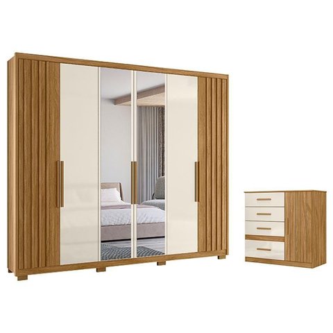 Guarda Roupa Casal Araguaia e Cômoda Vênus Freijó Off White com Espelho - Moval