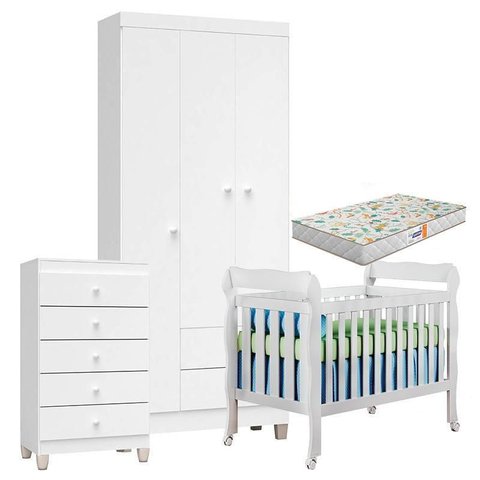 Quarto de Bebê 3 Portas com Gaveteiro Ternura Baby e Berço Lila Branco Brilho com Colchão Gazin - In