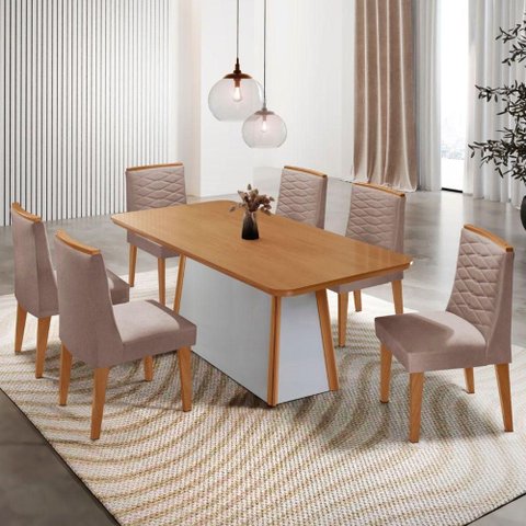 Mesa de Jantar Diane 180cm Tampo MDF Lam 6 Cadeiras Eloise Moderna Linho Capuccino Naturale Off
