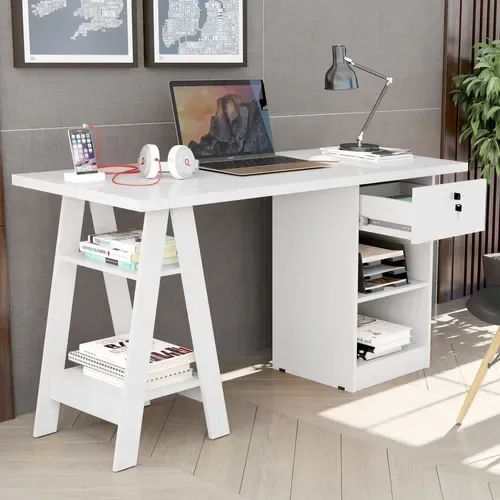 Ver imagem 4 de Mesa Cavalete Escrivaninha Bali com 2 Prateleira 1 Gaveta Branca cm2 Carmolar