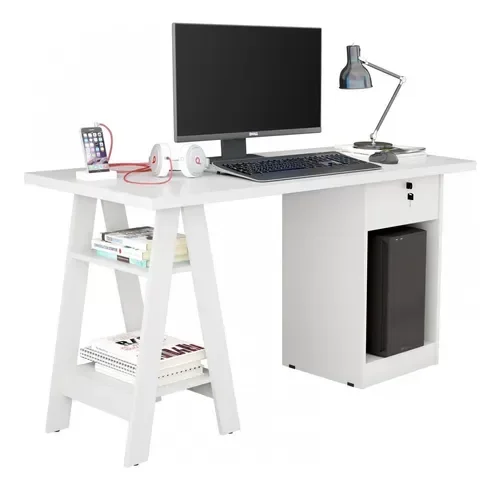 Ver imagem 2 de Mesa Cavalete Escrivaninha Bali com 2 Prateleira 1 Gaveta Branca cm2 Carmolar