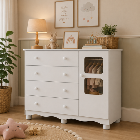Cômoda Infantil Uli Peroba 100% MDF Branco 1 Porta 4 Gavetas