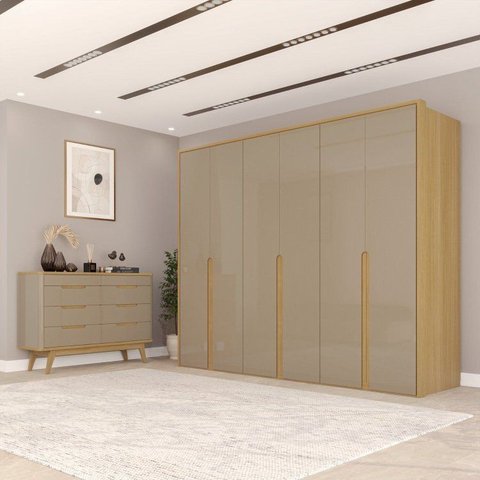 Conjunto Guarda-Roupa Casal 6 Portas 6 Gavetas Cômoda 8 Gavetas Tampo MDF Lizz Bege/Fendi/Hanover