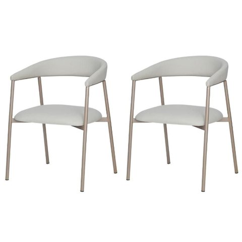 Kit 2 Cadeiras com Braço Chamonix Olivia Fratini Estofado Pu Nude Base Aço Carbono Champagne