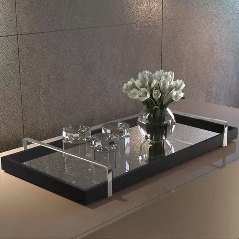 Bandeja Espelhada Decorativa Madeira com Alça e Espelhada:laca Preto/bronze