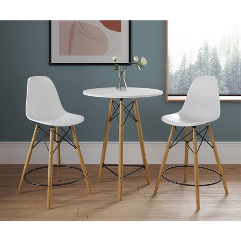 Mesa Bistrô Eames Eiffel Branca com 2 Banquetas Brancas de Madeira