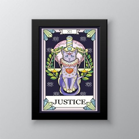 Quadro Decorativo Carta Tarot Justiça Gato 33x24cm:Madeira branca