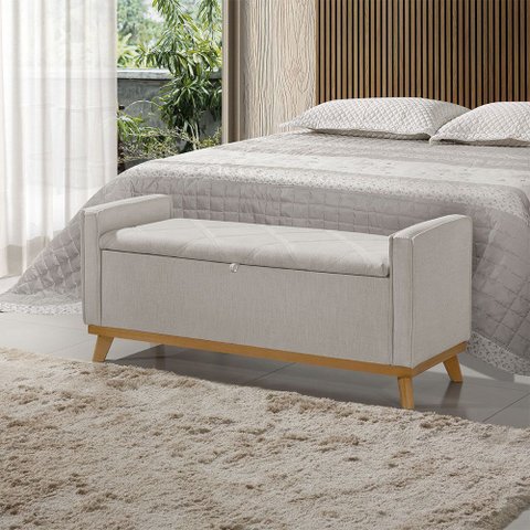 Banco Recamier Baú para Quarto Casal 130cm Linho com Base de Madeira Sofatec