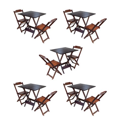 Kit 5 Jogos de Mesa Dobravel com 2 Cadeiras de Madeira 70x70 para Restaurante e Bar - Imbuia
