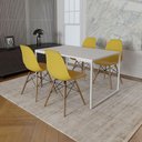Ver imagem 1 de Mesa Industrial Base Ferro Branco Tampo 137X90 Branco 4 Cadeiras Madeira Assento Amarelo