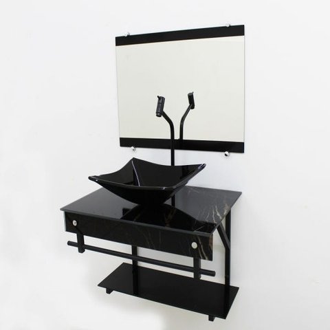 GABINETE DE VIDRO 60CM APX COM CUBA QUADRADA - MÁRMORE PRETO