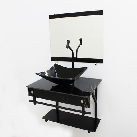 GABINETE DE VIDRO 60CM APX COM CUBA RETANGULAR - MÁRMORE PRETO