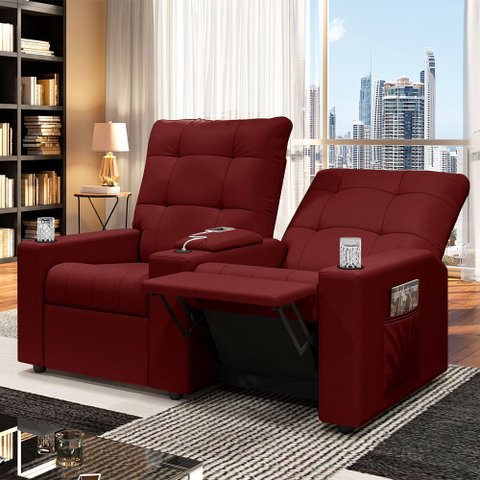 Poltrona do Papai Reclinável Sala de Cinema Movie 2 Lugares Manual Baú USB Veludo Vermelho G23 Gran 