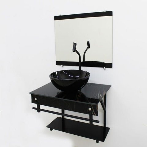 Gabinete de Vidro 60cm Apx com Cuba Redonda - Mármore Preto