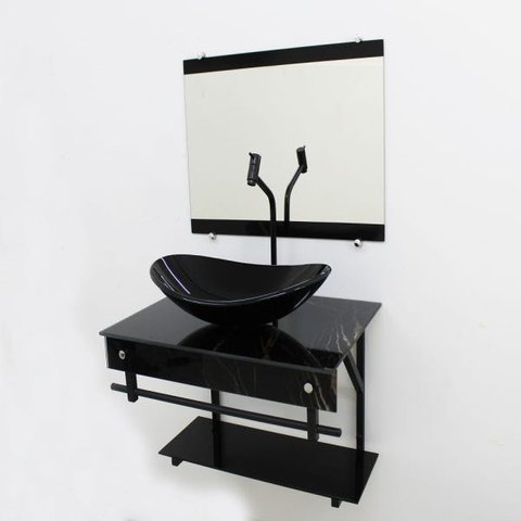 GABINETE DE VIDRO 60CM APX COM CUBA OVAL - MÁRMORE PRETO