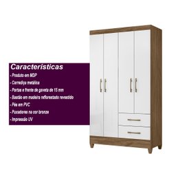 Guarda Roupa Chile 103cm 4 Portas Naturale Branco - Moval - 4