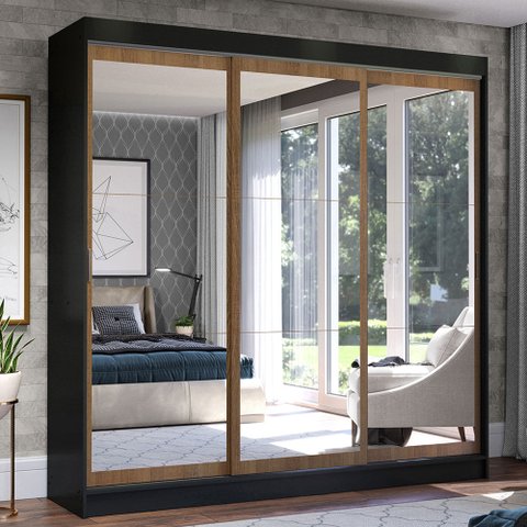 Guarda-Roupa Casal Madesa Istambul 3 Portas de Correr de Espelho 3 Gavetas Preto/Rustic Cor:Preto/Ru