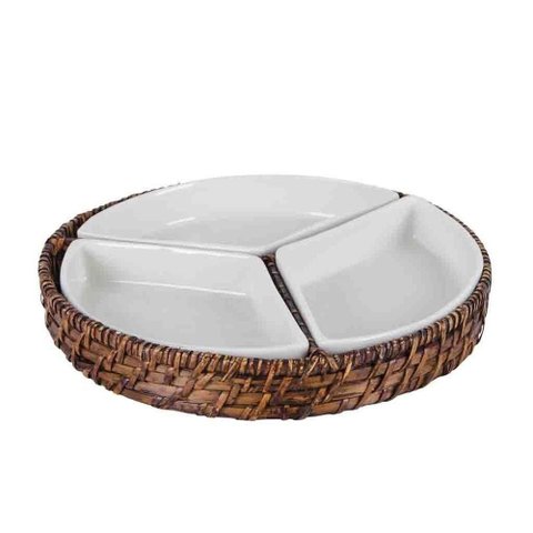 Petisqueira Redonda de Rattan e Porcelana