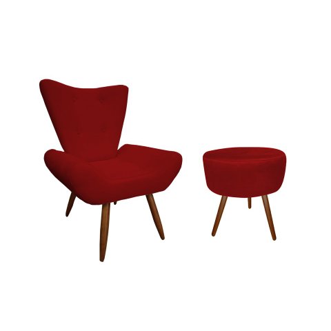 Kit Poltrona Decorativa Emilia + Puff Redondo Suede Vermelho Pés Madeira Mz Decor