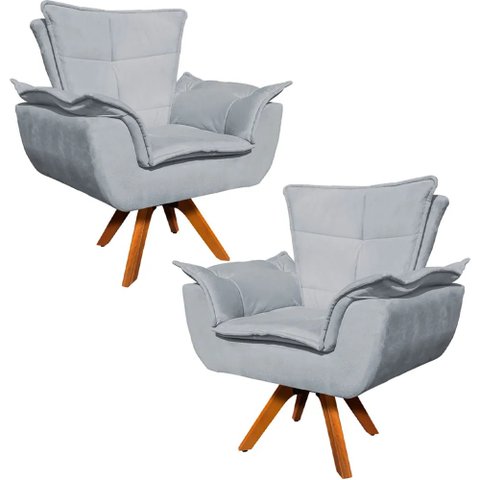Kit 2 Poltronas Decorativas Base Giratória em Madeira Charger Suede Cinza - Gran Belo