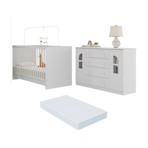 Berço 3 em 1 com Colchão Incluso e Cômoda 2 Portas 4 Gavetas Amora Multimóveis Mp4771 Branco