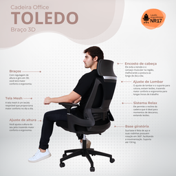 Cadeira de Escritório Ergonômica Nr17 Giratória Office Toledo com Encosto e Braços 3d Rivatti Preta - 3