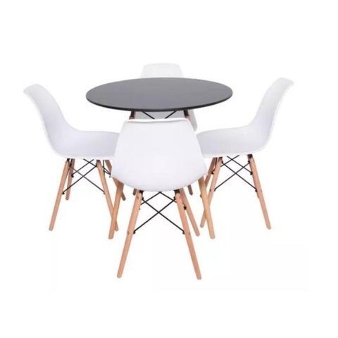 Conjunto de Mesa de Jantar Eames Eiffel Redonda 100cm Tampo de Madeira Preto com 4 Cadeiras Brancas