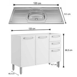 Balcão Gabinete Evidence Aço com Pia Inox 120 Branco - Bertolini - 4