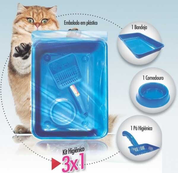 Kit Gato Caixa de Areia Pá e Comedouro 3 Peças Furacão Pet - Azul - 2