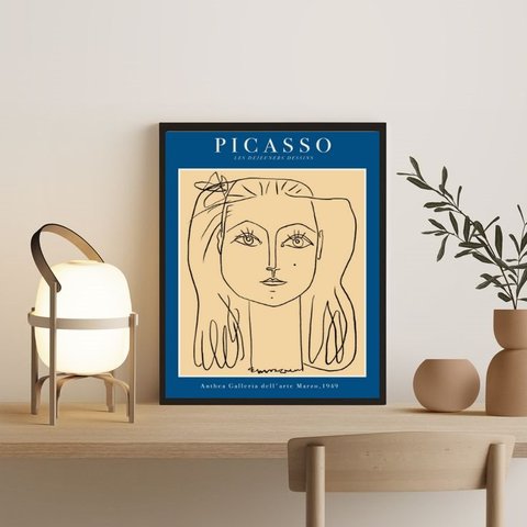 Quadro Poster Picasso Minimalista Azul mulher 33x24cm - com Vidro:madeira Branca