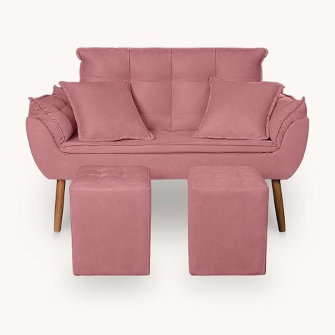 Kit Poltrona Decorativa Namoradeira 2 Puffs Quadrado e 2 Almofadas Suede Rose - Lm Decor