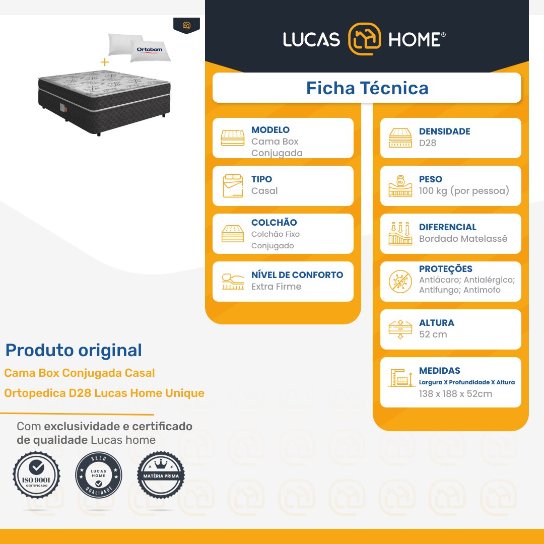 Cama Box Conjugada Ortopedica Casal de Espuma com 2 Travesseiros Lucas Home Unique 138 Cm - 6