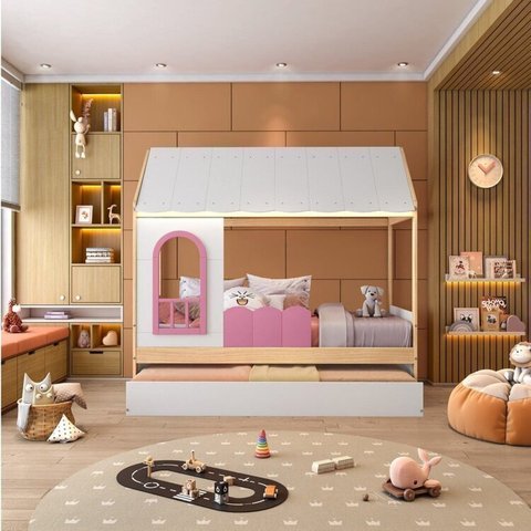 Bicama Infantil Casinha com LED e Janela New Garden Casatema MadeiraOriginals Rosa/Marrom