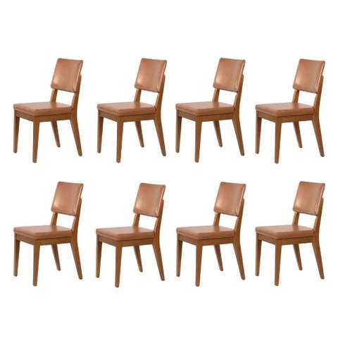 Kit com 8 Cadeiras de Madeira Maciça Estofada Ella - Natural C/ Pu Caramelo