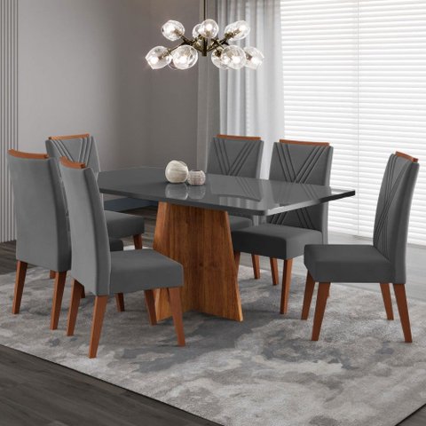 Mesa de Jantar 6 Lugares Stilo Mel/cinza/veludo Cinza - Viero Móveis