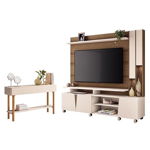Estante Home Theater Virtus Castanho Off White com Aparador Fiero Off White - Hb Móveis