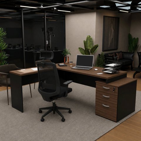 Conjunto 2 Peças Mesa em L com 3 Gavetas e Cadeira Ergonômica 190cm Netflex Nogal/Preto