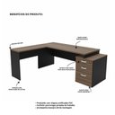 Ver imagem 6 de Conjunto 2 Peças Mesa em L com 3 Gavetas e Cadeira Ergonômica 190cm Netflex Nogal/Preto