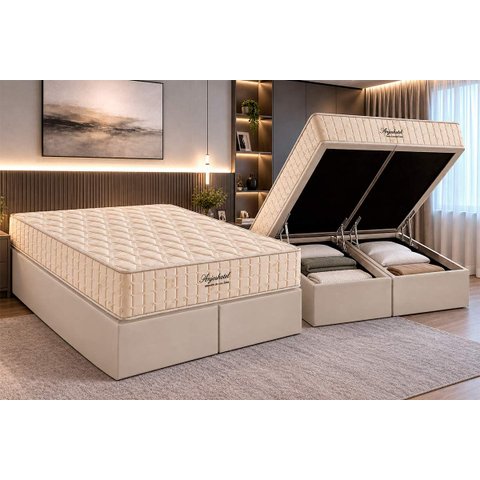 Cama Box Baú Queen: Colchão Molas Ensacadas D Angelis Anjos Anjoshotel + Base Crc Suede Clean (