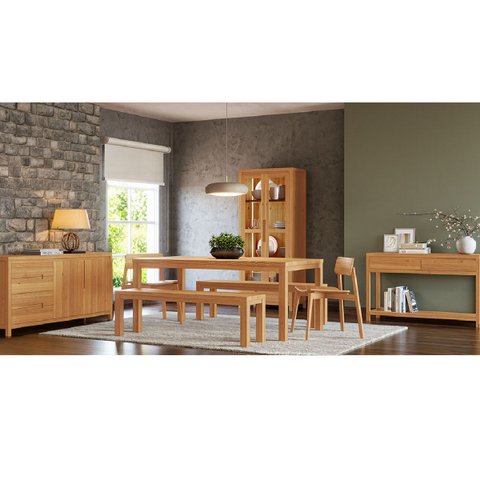 Conjunto Sala Jantar Nature: Cristaleira, Aparador, Buffet, Mesa, Banco e Cadeiras Madeira Pinus Rús