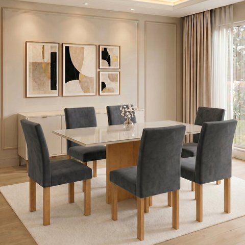 Conjunto Sala de Jantar 6 Lugares Carol Tampo Vidro 160x80cm Cinamomo Off White