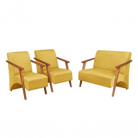 Conjunto Venus Braços em Madeira Maciça 1 Namoradeira 2 Poltronas Suede Unidecor Amarelo