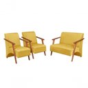Ver imagem 1 de Conjunto Venus Braços em Madeira Maciça 1 Namoradeira 2 Poltronas Suede Unidecor Amarelo