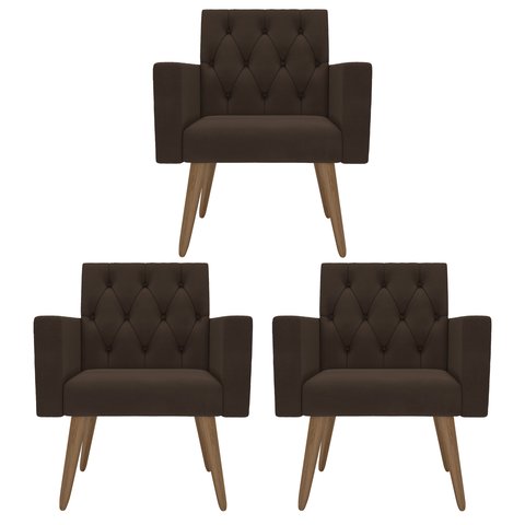 Kit 3 Poltronas Capitonê Confortáveis Loja Recepção Sala Marrom