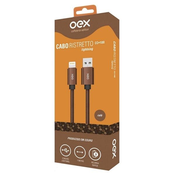 Cabo de Dados Oex Cc100 Lightning Ristretto Couro Cafe - 2