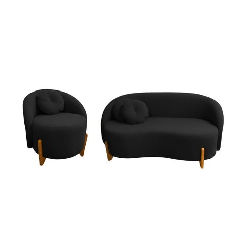 Conjunto 01 Poltrona + Sofá Curvo Orgânico Amsterdã Bouclê Preto - Montanari's Decor