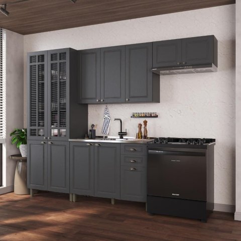 Armário de Cozinha Modulada Compacta Nara MDF 280cm 12 Portas 2 Gavetas Chumbo Fidelita Móveis