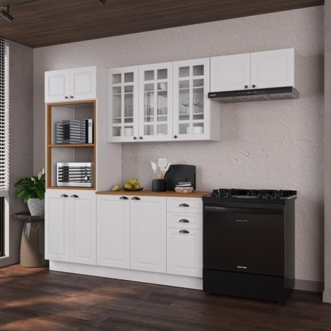 Cozinha Compacta Modulada Nara 12 Portas 2 Gavetas MDF 270cm Branco Fidelita Móveis