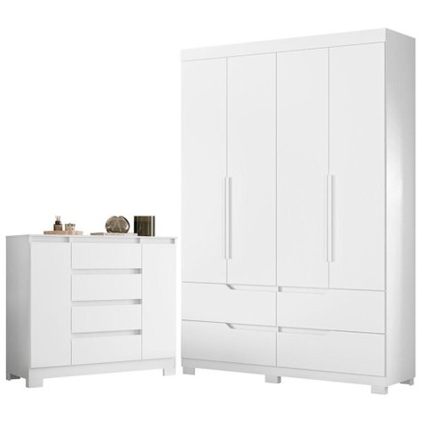Guarda Roupa Solteiro Doble 04 Portas e Cômoda Sapateira Atena Branco Flex - Móveis Albatroz